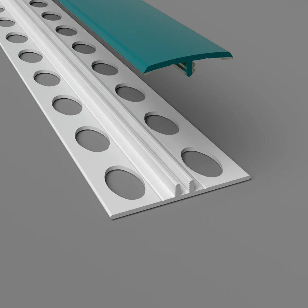 Élément de jonction en PVC bleu canard, type H, conçu pour des finitions modernes et raffinées.